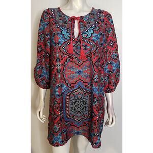 Soft Surroundings Tunic Womens L Red Blue Boho Ruched Sleeves Tassel Tie